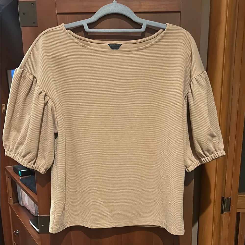 Ann Taylor Beige Blouse with Puff Sleeves
